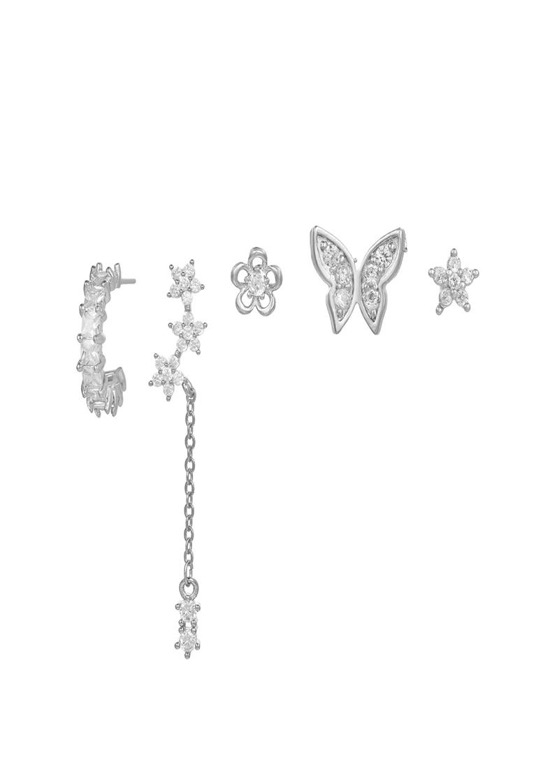 Set Of 5 18K Plated Antitarnish Floral Butterfly Earring Set For Single Ear Only - Indya