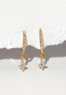 18K Gold Plated Anti Tarnish Blue Zircon Floral Hoop Drop Earrings