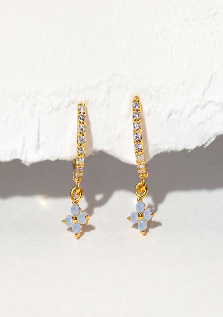 18K Gold Plated Anti Tarnish Blue Zircon Floral Hoop Drop Earrings - Indya