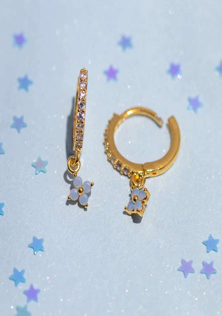 18K Gold Plated Anti Tarnish Blue Zircon Floral Hoop Drop Earrings - Indya