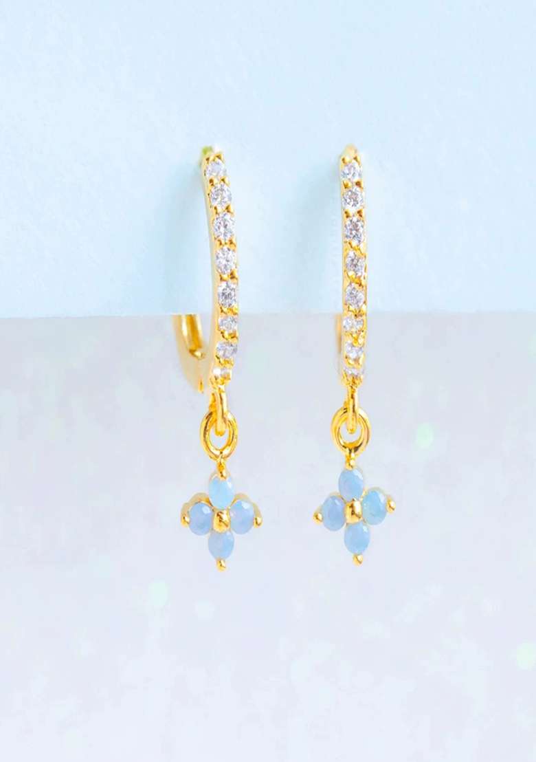 18K Gold Plated Anti Tarnish Blue Zircon Floral Hoop Drop Earrings - Indya