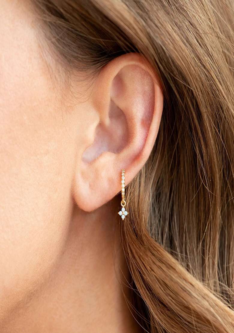 18K Gold Plated Anti Tarnish Blue Zircon Floral Hoop Drop Earrings - Indya