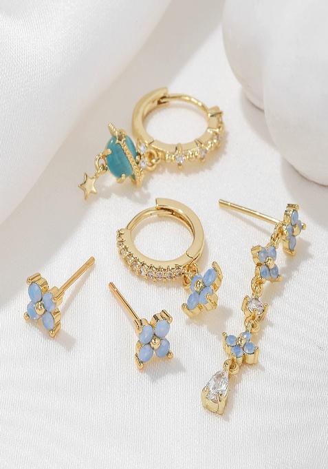 Set Of 5 18K Plated Antitarnish Celestial Floral Earring Set For Single Ear Only