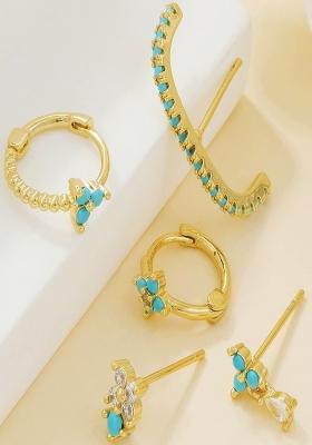 Set Of 5 18K Plated Antitarnish Blue Floral Earring Set For Single Ear Only