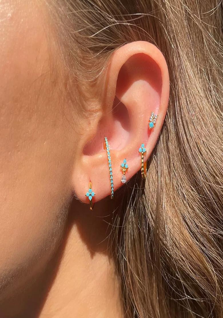 Set Of 5 18K Plated Antitarnish Blue Floral Earring Set For Single Ear Only - Indya