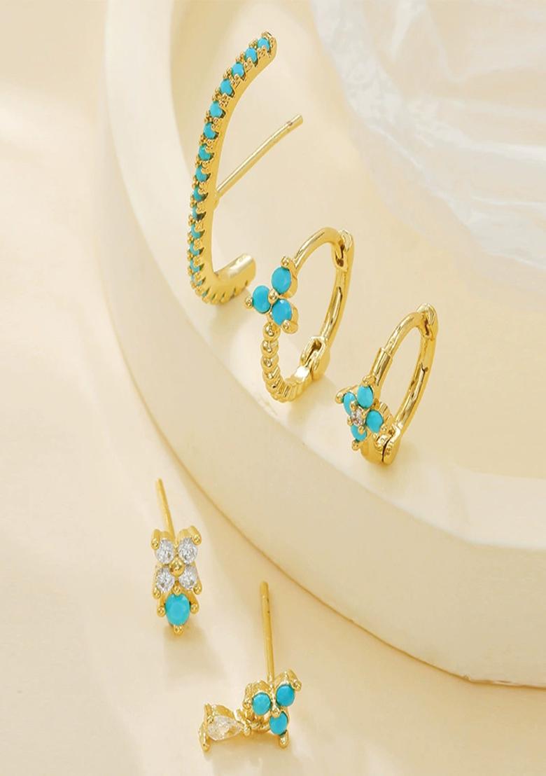 Set Of 5 18K Plated Antitarnish Blue Floral Earring Set For Single Ear Only - Indya