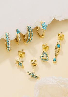 Set Of 8 18K Plated Anti Tarnish Blue Zircon Earring Set For Single Ear Only