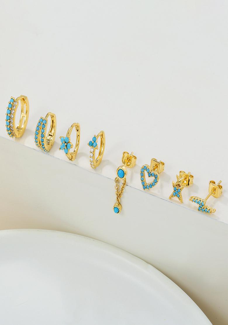 Set Of 8 18K Plated Anti Tarnish Blue Zircon Earring Set For Single Ear Only - Indya