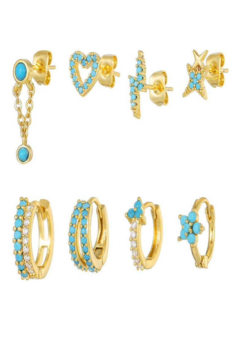 Set Of 8 18K Plated Anti Tarnish Blue Zircon Earring Set For Single Ear Only - Indya