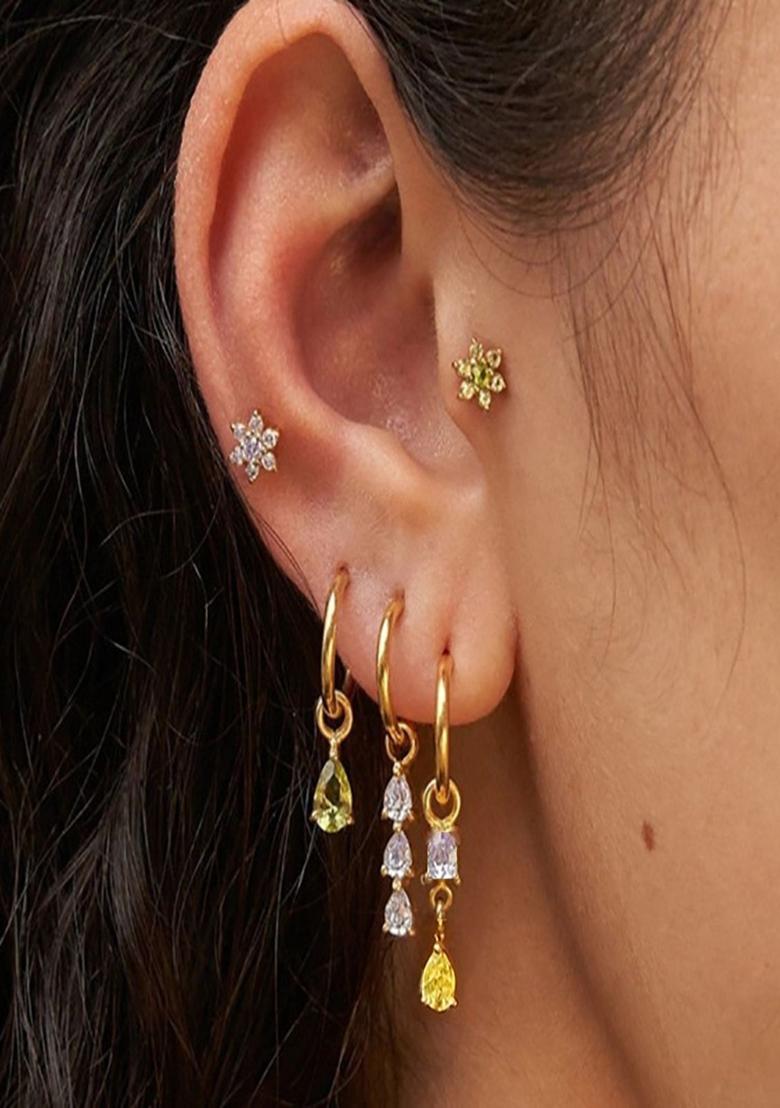Set Of 5 18K Plated Antitarnish Floral Zircon Earring Set For Single Ear Only - Indya