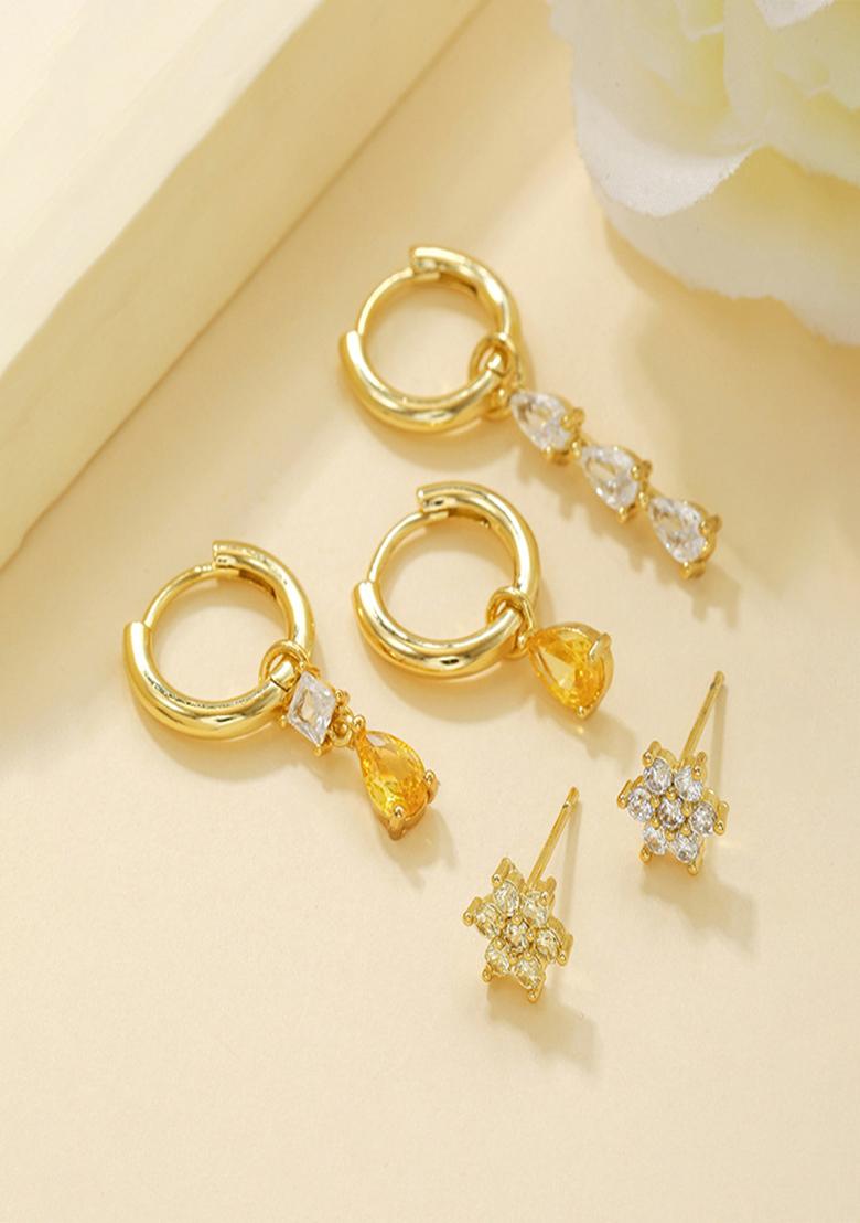 Set Of 5 18K Plated Antitarnish Floral Zircon Earring Set For Single Ear Only - Indya