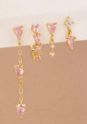 Set Of4 18K Plated Antitarnish Pink Heart Zircon Earring Set For Single Ear Only