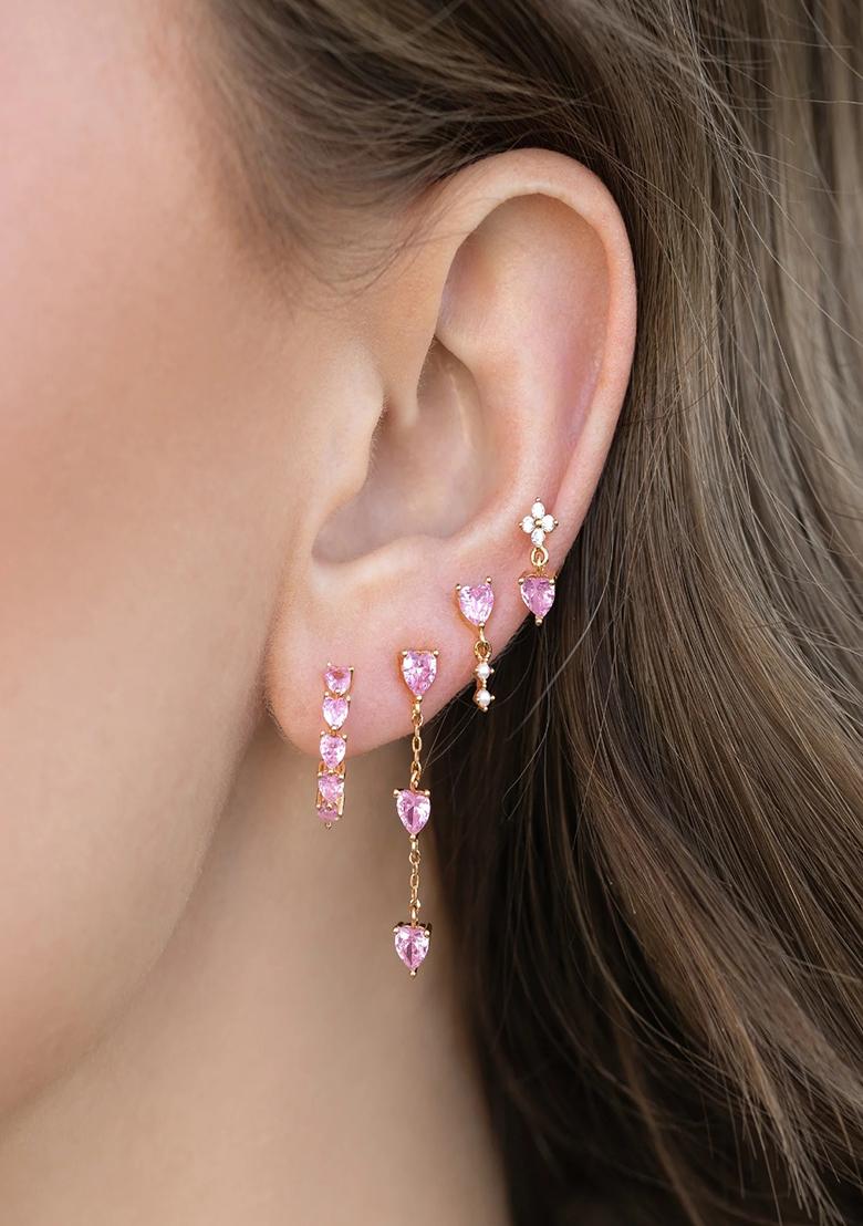 Set Of4 18K Plated Antitarnish Pink Heart Zircon Earring Set For Single Ear Only - Indya