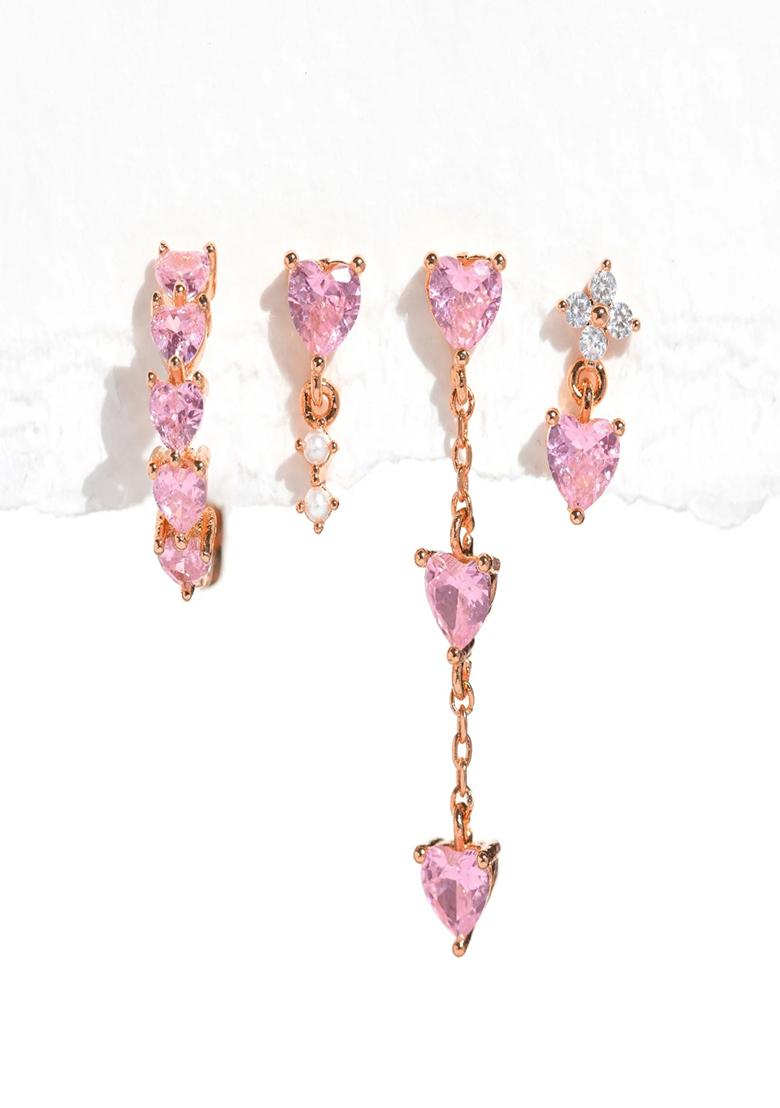 Set Of4 18K Plated Antitarnish Pink Heart Zircon Earring Set For Single Ear Only - Indya