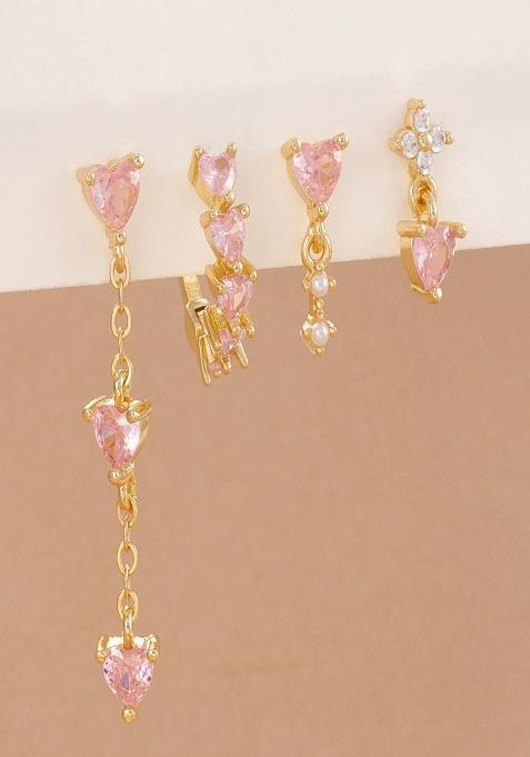 Set Of4 18K Plated Antitarnish Pink Heart Zircon Earring Set For Single Ear Only