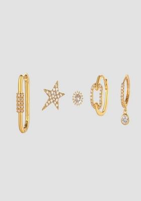 Set Of 5 18K Plated Anti Tarnish Zircon Star Earring Set For Single Ear Only