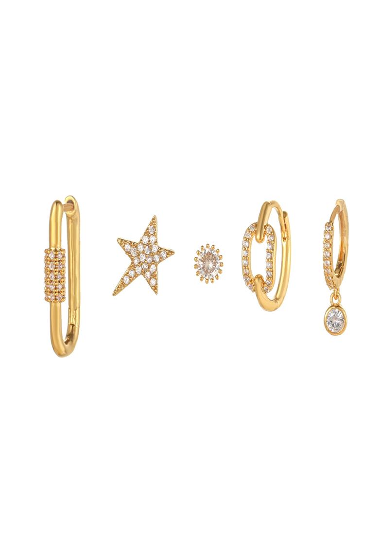 Set Of 5 18K Plated Anti Tarnish Zircon Star Earring Set For Single Ear Only - Indya