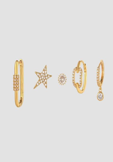Set Of 5 18K Plated Anti Tarnish Zircon Star Earring Set For Single Ear Only