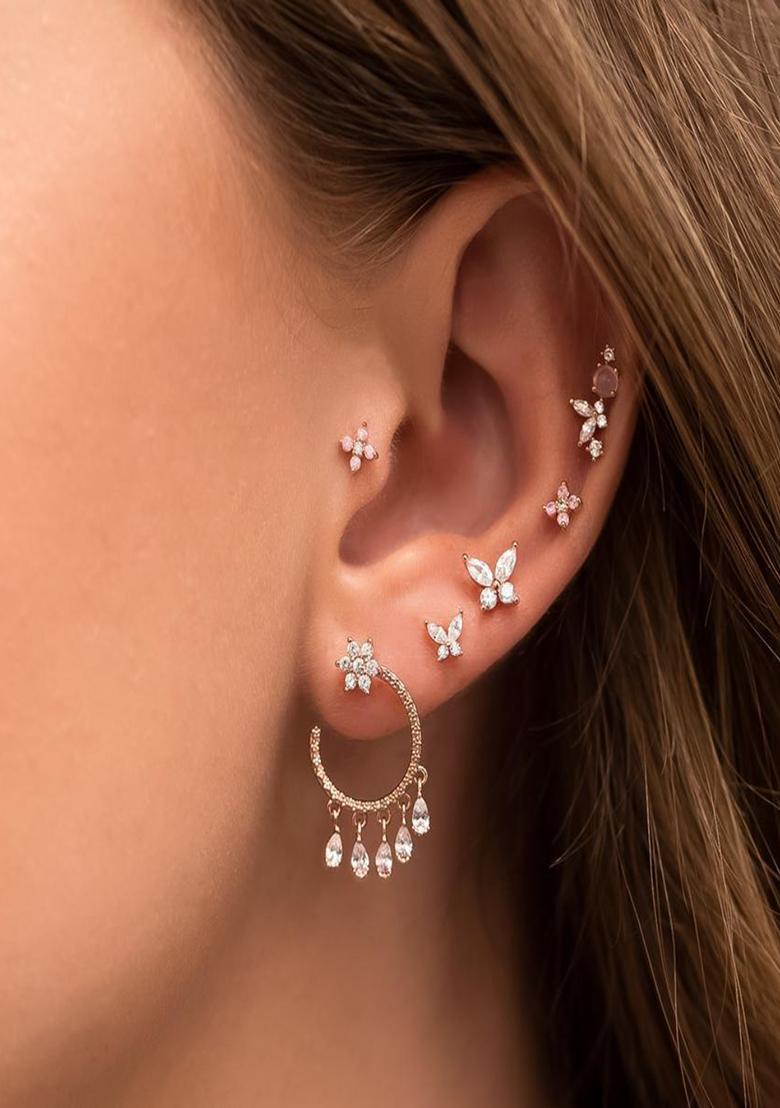 Set Of 6 18K Plated Anti Tarnish Zircon Floral Earring Set For Single Ear Only - Indya