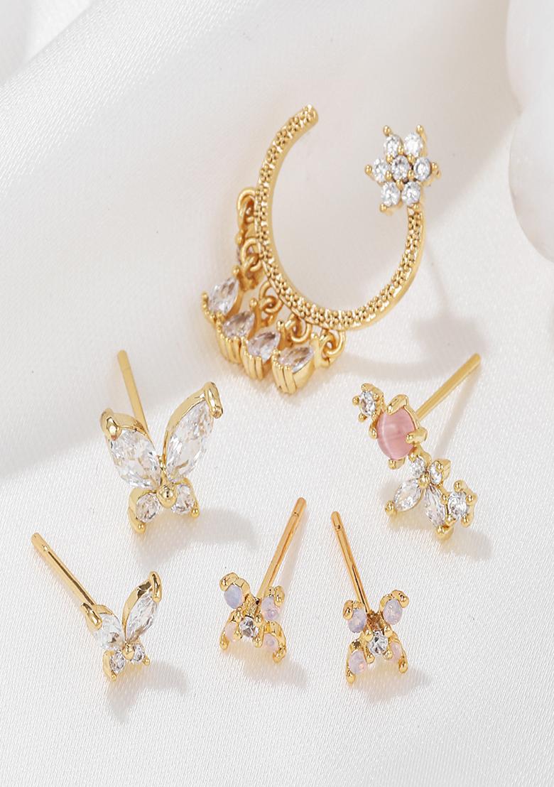 Set Of 6 18K Plated Anti Tarnish Zircon Floral Earring Set For Single Ear Only - Indya