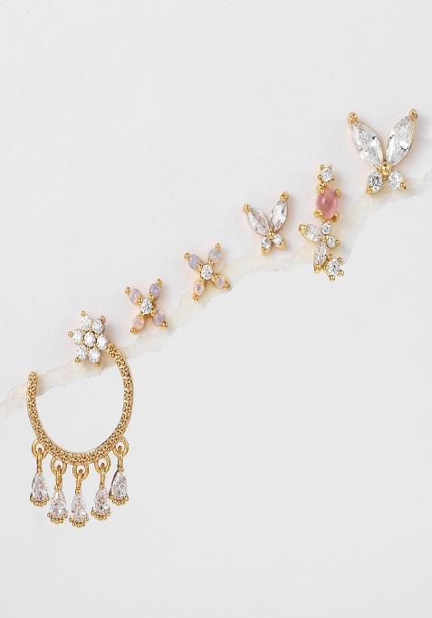 Set Of 6 18K Plated Anti Tarnish Zircon Floral Earring Set For Single Ear Only