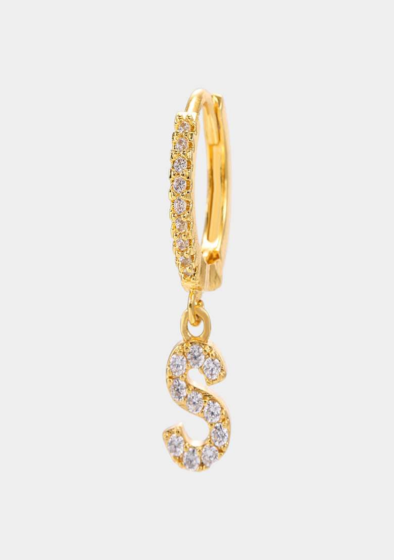 18K Gold Plated Anti Tarnish Zircon Initial Letter S Drop Earrings Single - Indya