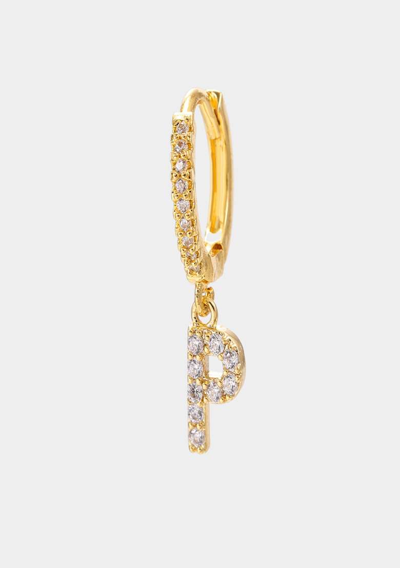 18K Gold Plated Anti Tarnish Zircon Initial Letter P Drop Earrings Sinlge - Indya