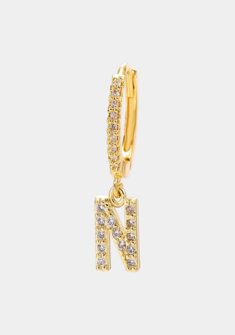 18K Gold Plated Anti Tarnish Zircon Initial Letter N Drop Earrings Single - Indya