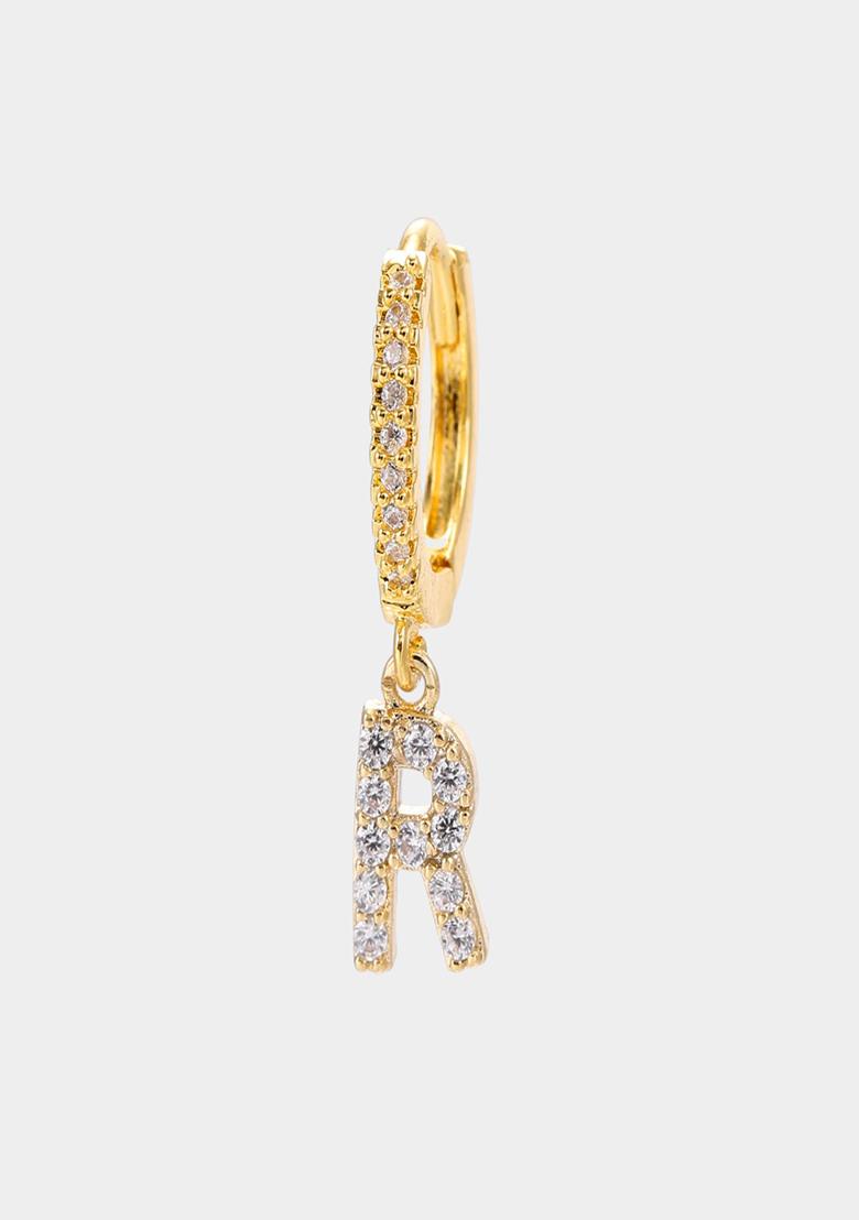 18K Gold Plated Anti Tarnish Zircon Initial Letter R Drop Earrings Single - Indya