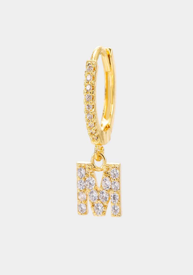 18K Gold Plated Anti Tarnish Zircon Initial Letter M Drop Earrings Single - Indya