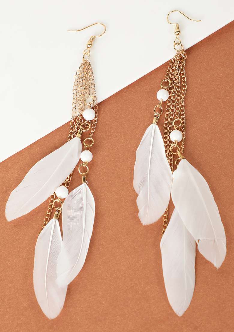 White Gold Plated Handcrafted Feather Shaped Drop Earrings - Indya