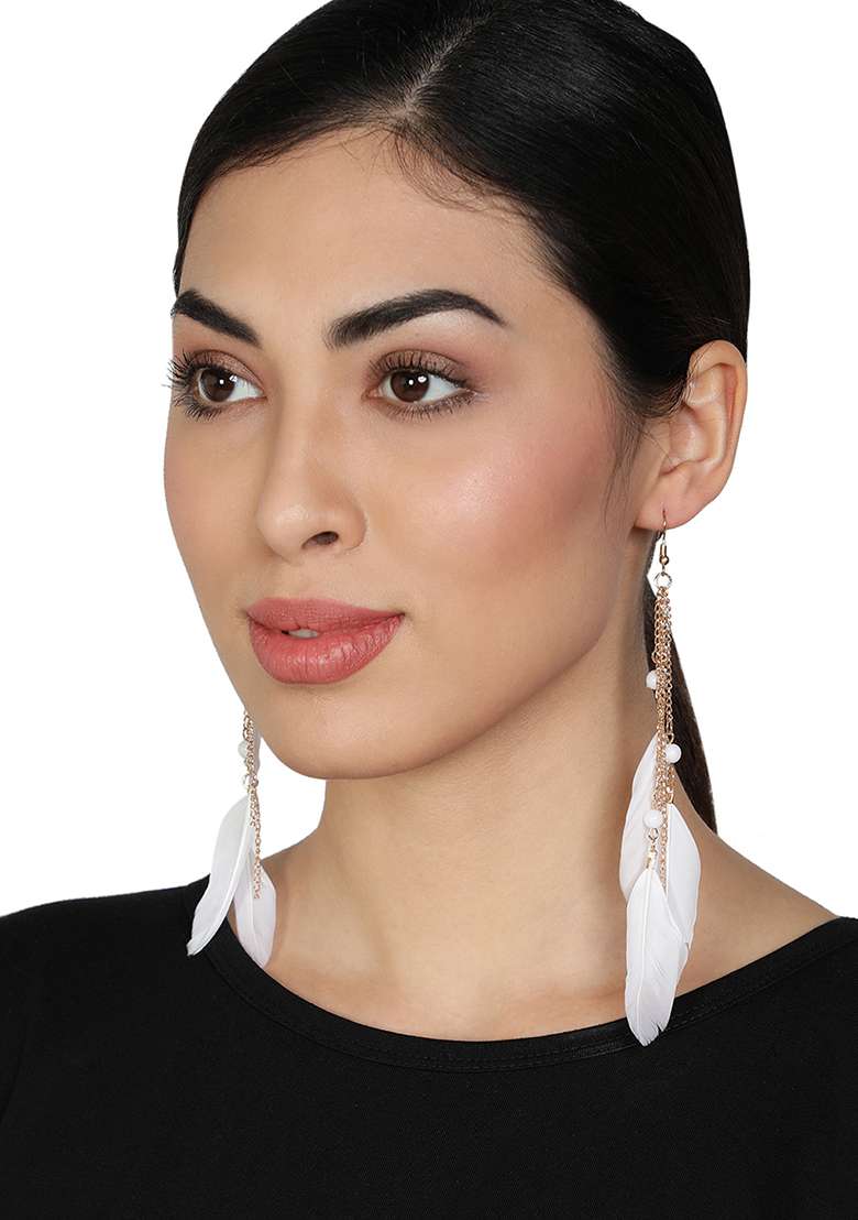 White Gold Plated Handcrafted Feather Shaped Drop Earrings - Indya