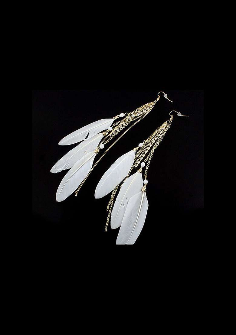 White Gold Plated Handcrafted Feather Shaped Drop Earrings - Indya