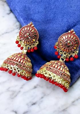 Gold Plated Red Enamelled Dome Shaped Jhumkas