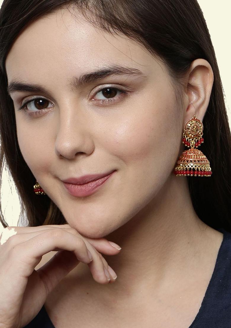 Gold Plated Red Enamelled Dome Shaped Jhumkas - Indya