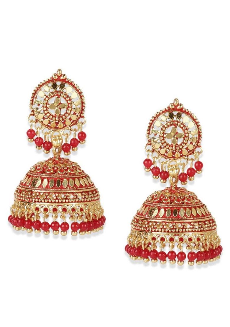 Gold Plated Red Enamelled Dome Shaped Jhumkas - Indya