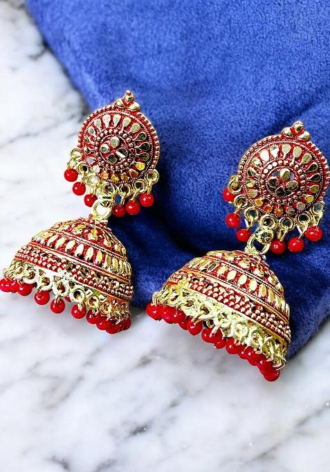 Gold Plated Red Enamelled Dome Shaped Jhumkas