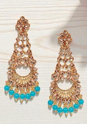 Traditional Gold Plated Kundan Pearl Turquoise Danglers