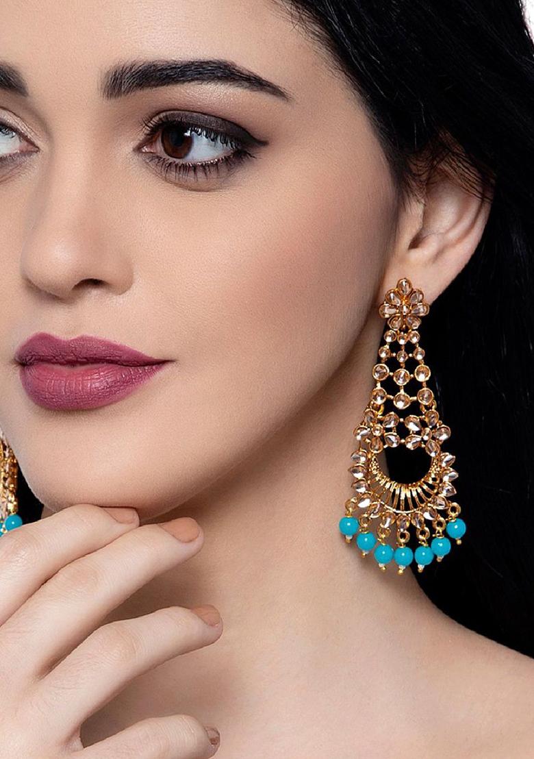 Traditional Gold Plated Kundan Pearl Turquoise Danglers - Indya