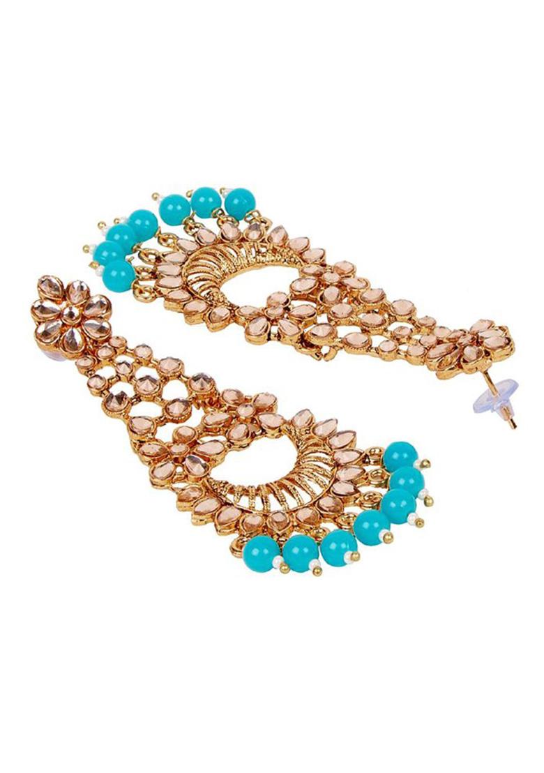 Traditional Gold Plated Kundan Pearl Turquoise Danglers - Indya