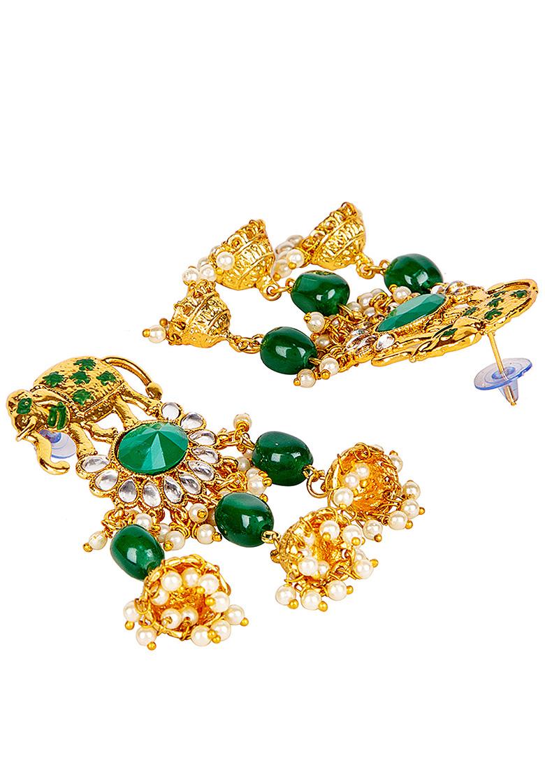 Traditional Gold Plated Kundan Pearl Green Elephant Danglers - Indya