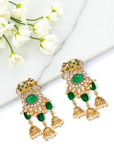 Traditional Gold Plated Kundan Pearl Green Elephant Danglers