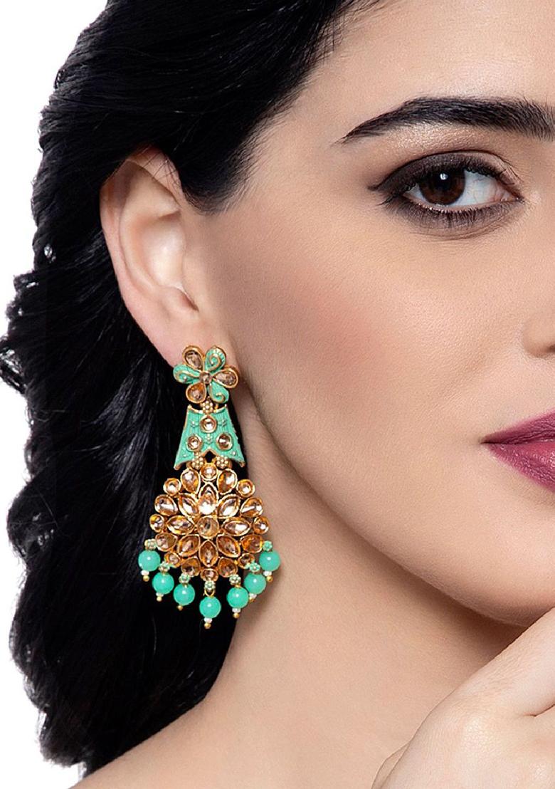Traditional Gold Plated Kundan Pearl Green Classic Enamelled Danglers - Indya