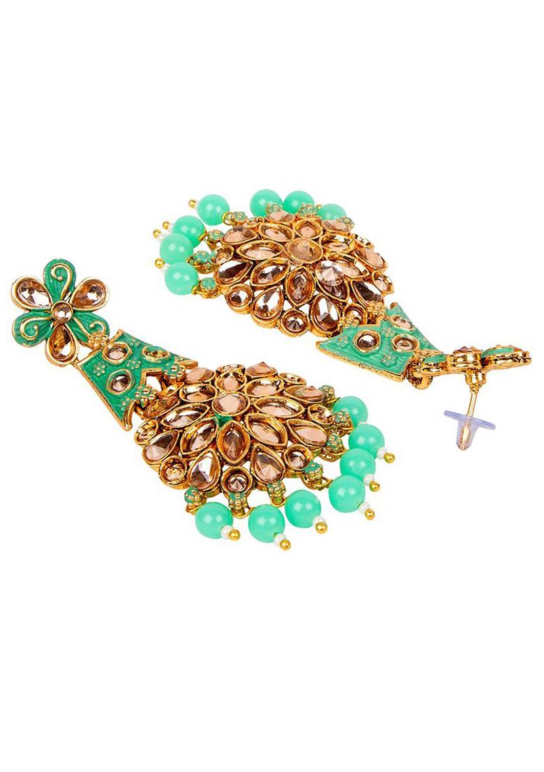 Traditional Gold Plated Kundan Pearl Green Classic Enamelled Danglers - Indya