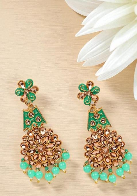 Traditional Gold Plated Kundan Pearl Green Classic Enamelled Danglers