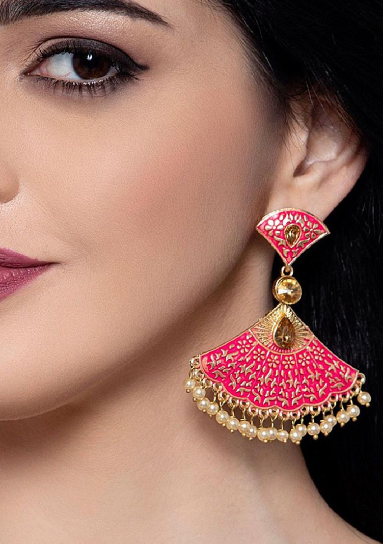 Traditional Gold Plated Kundan Pearl Classic Enamelled Danglers - Indya