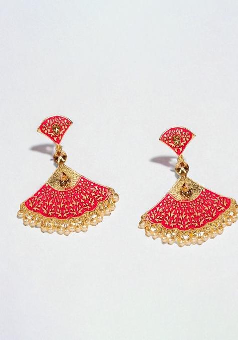 Traditional Gold Plated Kundan Pearl Classic Enamelled Danglers