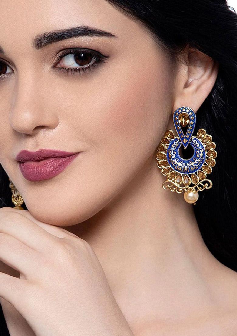 Traditional Gold Plated Kundan Cubic Zirconia Beads Alloy Chandbali Earring - Indya