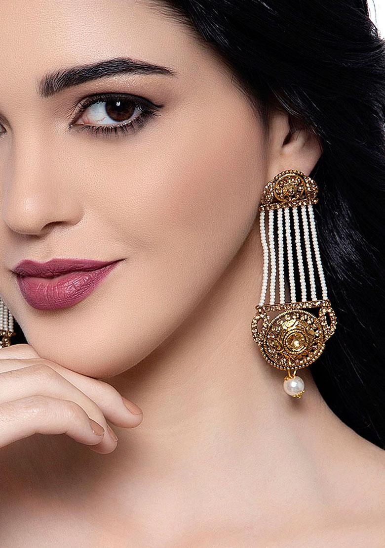 Stylish Gold Plated Pearl Zirconia Beads Alloy Drops Dangler - Indya