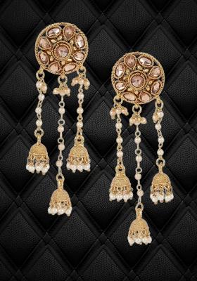 Stylish Gold Plated Stone And Tasselled Earrings Cubic Zirconia Beads Alloy Drops Danglers